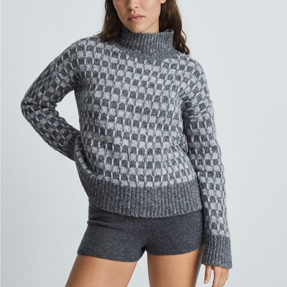 Everlane Women’s Gray Checkered The Cloud Turtleneck Sweater Size Small